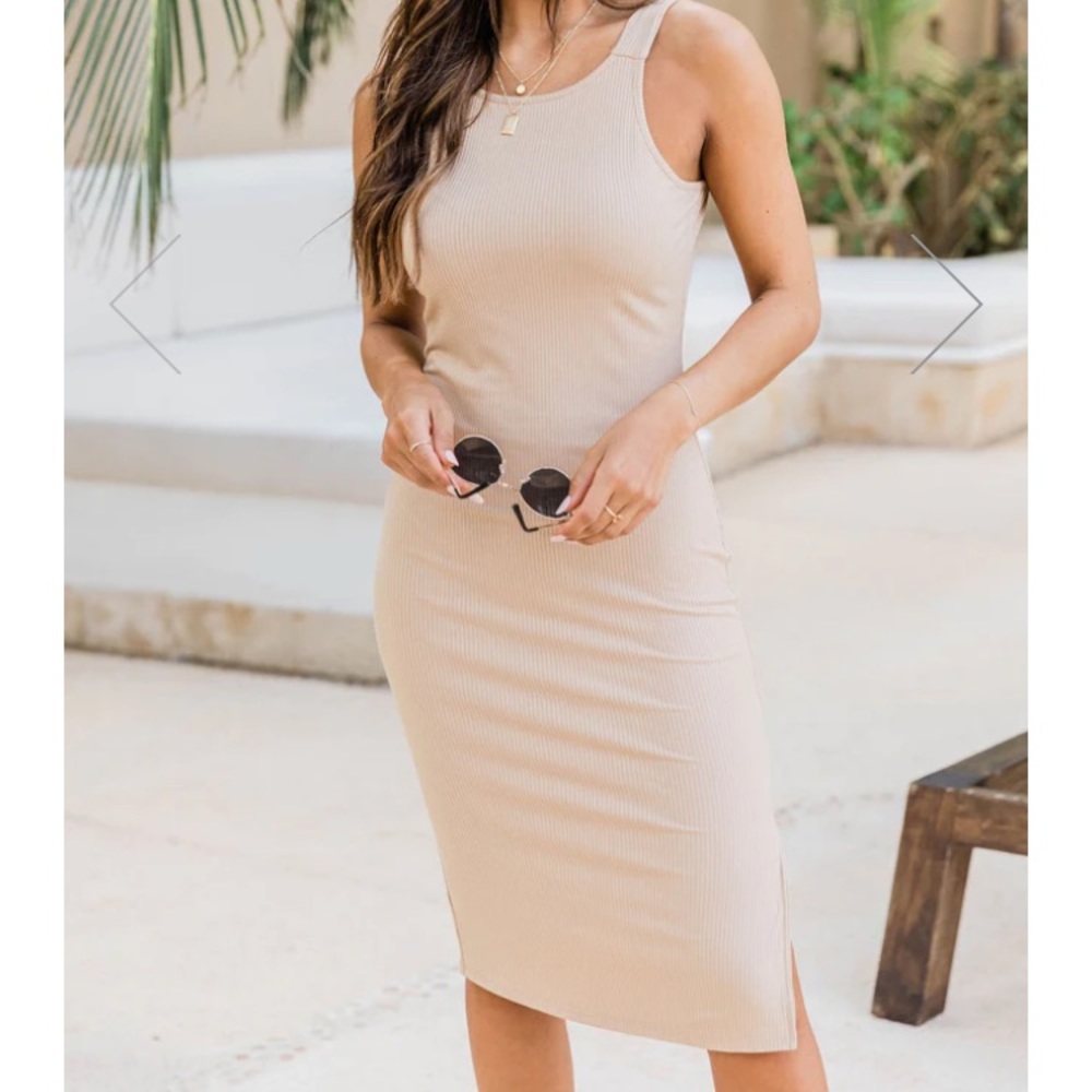 A LOVING ENDEAVOR RIBBED MIDI TAUPE TANK DRESS *PINK LILY*